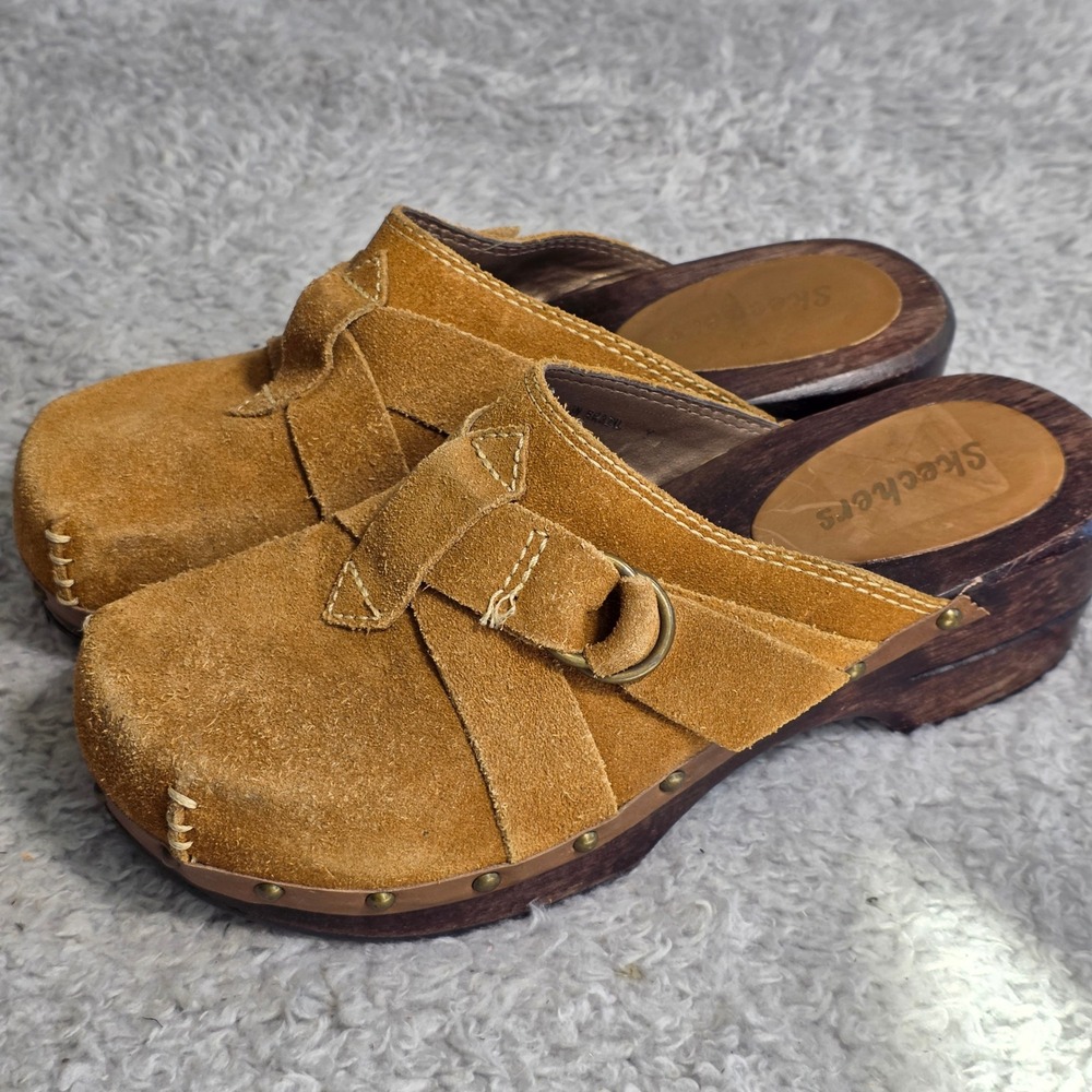 VTG Skechers Y2K Clogs Tan Suede Studded Wood Sole Chunky Platform Mules Women 7